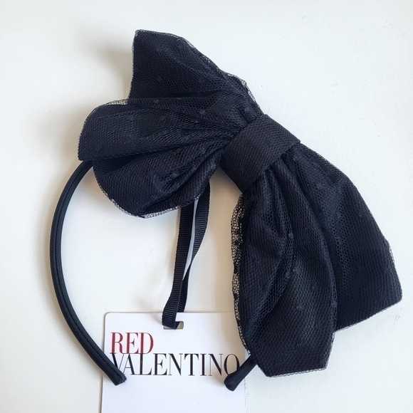 New Red Valentino Point D\'esprit Tulle Side Maxi Bow Black Headband New With Tag